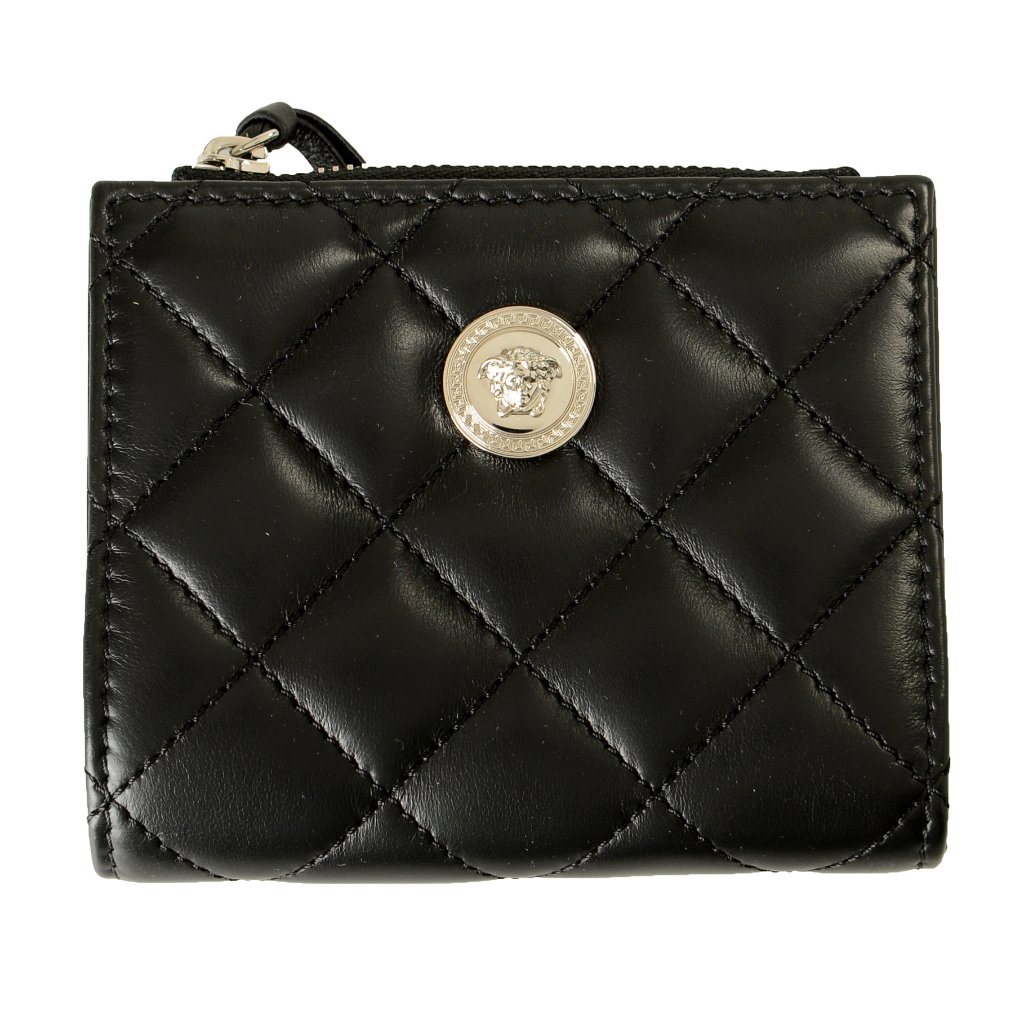 Versace Women's Black 100% Leather Quilted Card Case Compact Wallet